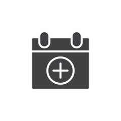 Calendar date add vector icon. filled flat sign for mobile concept and web design. calendar page with plus simple solid icon. Symbol, logo illustration. Pixel perfect vector graphics