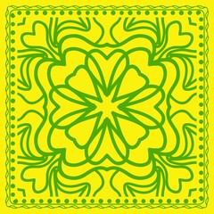 Decorative green color ornament on yellow background. Symmetric pattern with floral mandala. For Bandana, fabric print