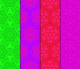 Green, red, purple color set of geometric seamless ornament. Vector illustration