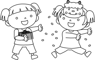 Children throwing dried soy beans outline