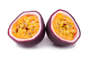 half of passion fruits isolated on white background. Isolated maracuya