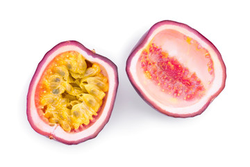 half of passion fruits isolated on white background. Isolated maracuya. Top view. Flat lay