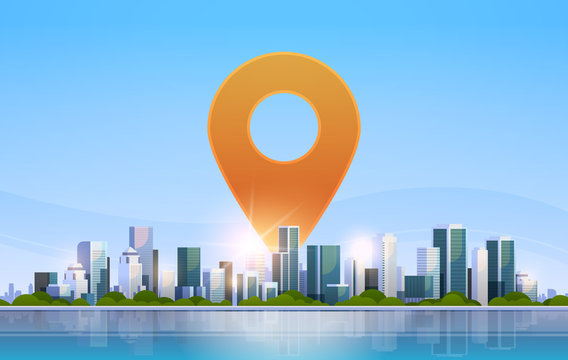 geolocation pin geo tag icon destination navigation position concept over big modern city building skyscraper cityscape skyline flat horizontal