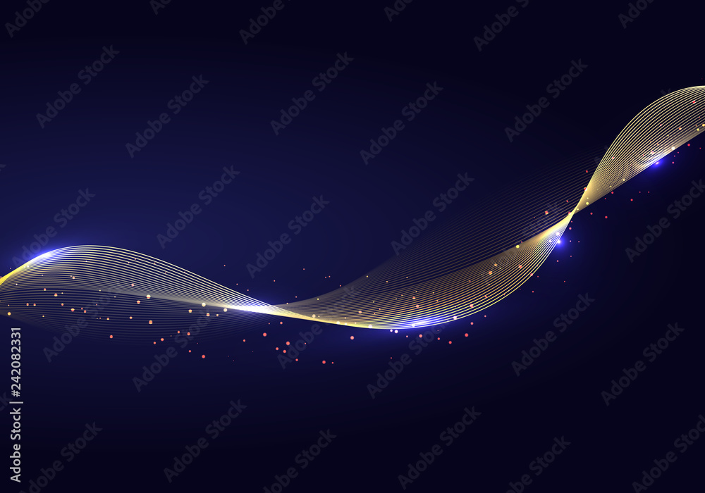 Wall mural abstract shiny color gold wave design element and glitter effect on dark background.