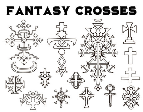 Design set with fantasy crosses isolated on white. Vintage vector decorative religious illustration, old gothic graphic drawings