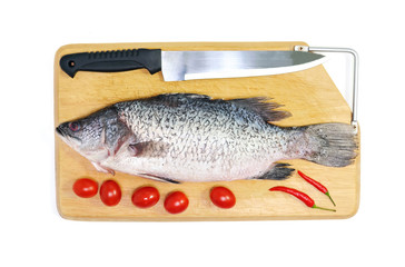 Fresh raw Asian Sea Bass fish  on wooden cutting board with chilli, tomato and knife on white background, top view. Seafood asian cooking ingredients.