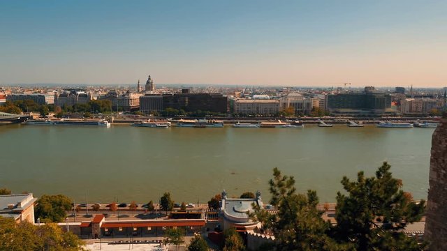 Tracking shot of the Buda district in Budapest, Hungary lit by beautiful morning sunlight