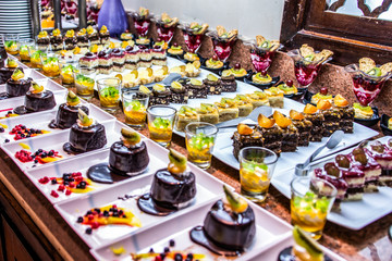 Close up delicious dessert pastry cakes Fresh colourful sweet berry desserts, beautifull decorated in Egypt Makadi Bay
