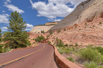 Zion - Mount Carmel Highway passing sandstone mesas and white cliffs of Zion National Park, Utah