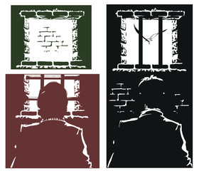 Male in jail. Man is behind prison lattice.