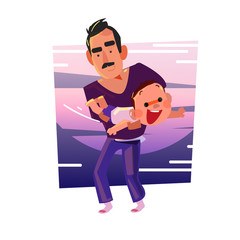 Father and his son playing together as plane  - vector