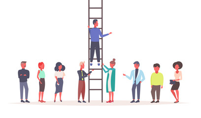 business people holding staircase businessman climbing career ladder teamwork strategy leadership concept successful team cooperation flat isolated horizontal © mast3r