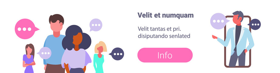 group mix race business people chat bubble communication concept businessman mobile screen online application conversation speech flat horizontal copy space