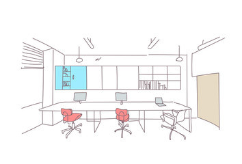 empty coworking space modern office interior creative workplace co working workspace sketch doodle horizontal