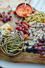 appetizer and mixed food plated for a buffet with beautiful colors