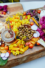 appetizer and mixed food plated for a buffet with beautiful colors