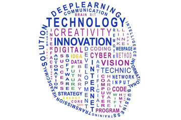 Technology tagcloud vector illustration. A head shape composed of colorful words on isolated white background. A creative concept design for cool background, poster, brochure, wallpaper,presentation.