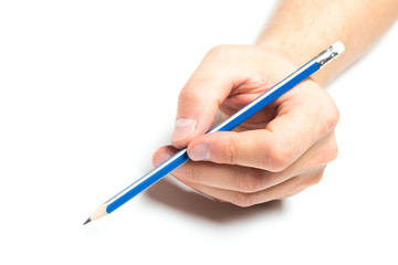 Men's hand holding wooden pencil on isolated backgroung, close up