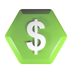 Green hexagon Dollar Push button - 3D rendering illustration
