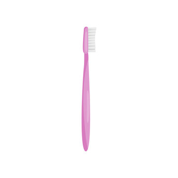 Pink plastic toothbrush, side view. Small brush with long handle, used for cleaning teeth. Fat vector icon