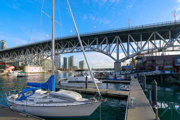 View of Vancouver BC next to Granville Bridge along False Creek