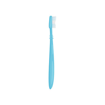 Flat vector icon of blue plastic toothbrush, side view. Personal item for cleaning teeth. Hygiene and teeth care theme