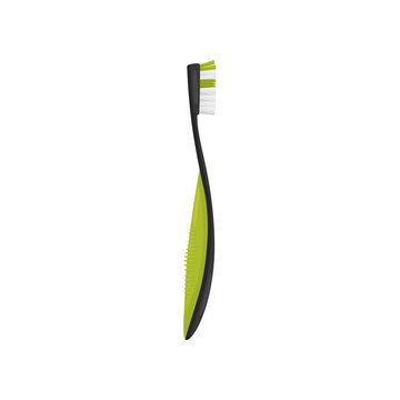 Black-green toothbrush, side view. Oral hygiene instrument. Small brush for cleaning teeth. Flat vector icon