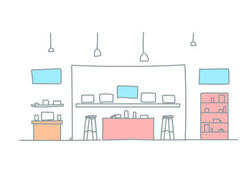 modern electronics store shop interior digital technology gadgets mall sketch doodle horizontal