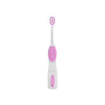 Toothbrush with two pink buttons. Electric device for cleaning teeth. Oral hygiene instrument. Flat vector icon