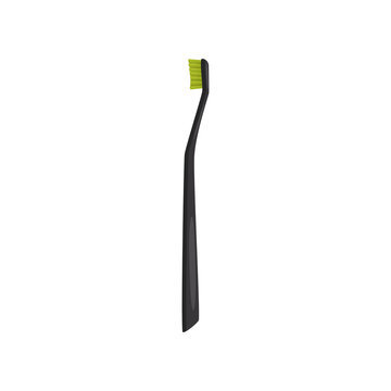 Black toothbrush with soft green bristles, side view. Personal item. Oral hygiene theme. Flat vector icon
