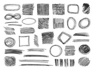 Sketch shapes. Hand drawn scribble frames. Pencil doodles. Sketched textures isoloted vector set. Illustration of scribble sketch, drawing frame doodle - obrazy, fototapety, plakaty
