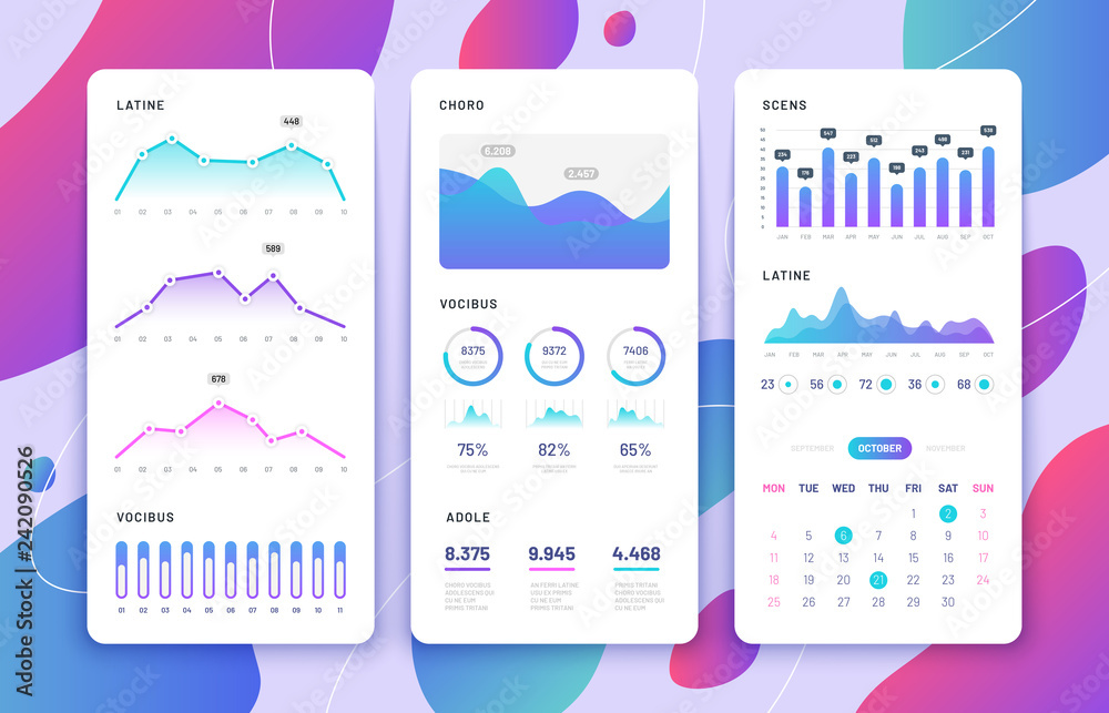Wall mural mobile phone ui. control panel with statistics charts, diagrams calendar. market annual graphs. phon