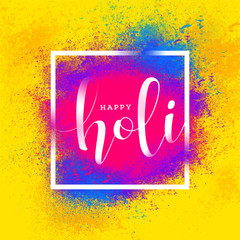 Colorful splash on yellow texture background for Holi festival celebration greeting card design.