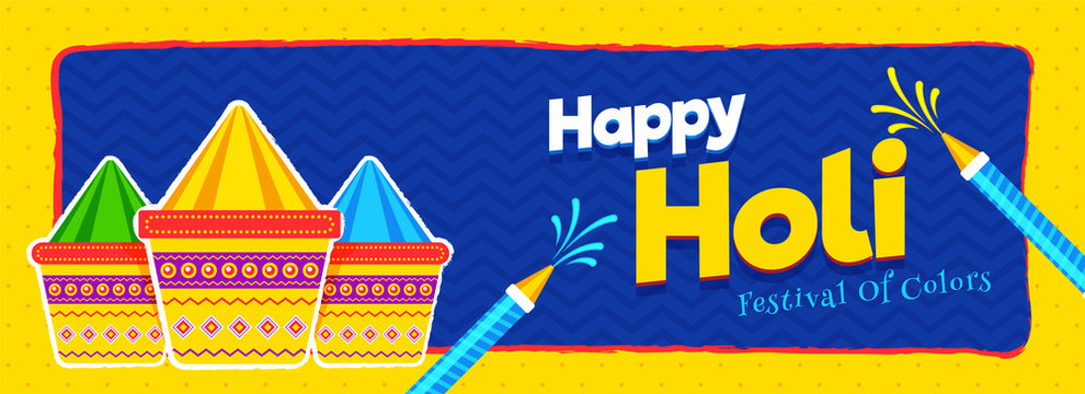 Happy Holi celebration header or banner design with color bowl and guns illustration.