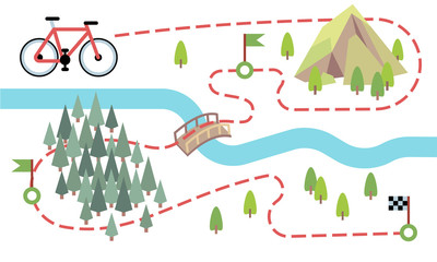 Bike route map. Cycling trip road, country path. Bike adventure tour vector map. Illustration of adventure travel mountain and forest