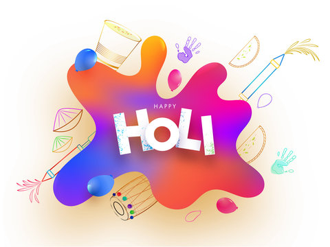 Glossy color splash with line art illustration of festival elements on white background for Happy Holi poster or banner design.