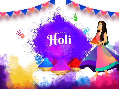 Holi celebration background, illustration of cute girl celebrating festival of colors. Can be used as poster or banner design.