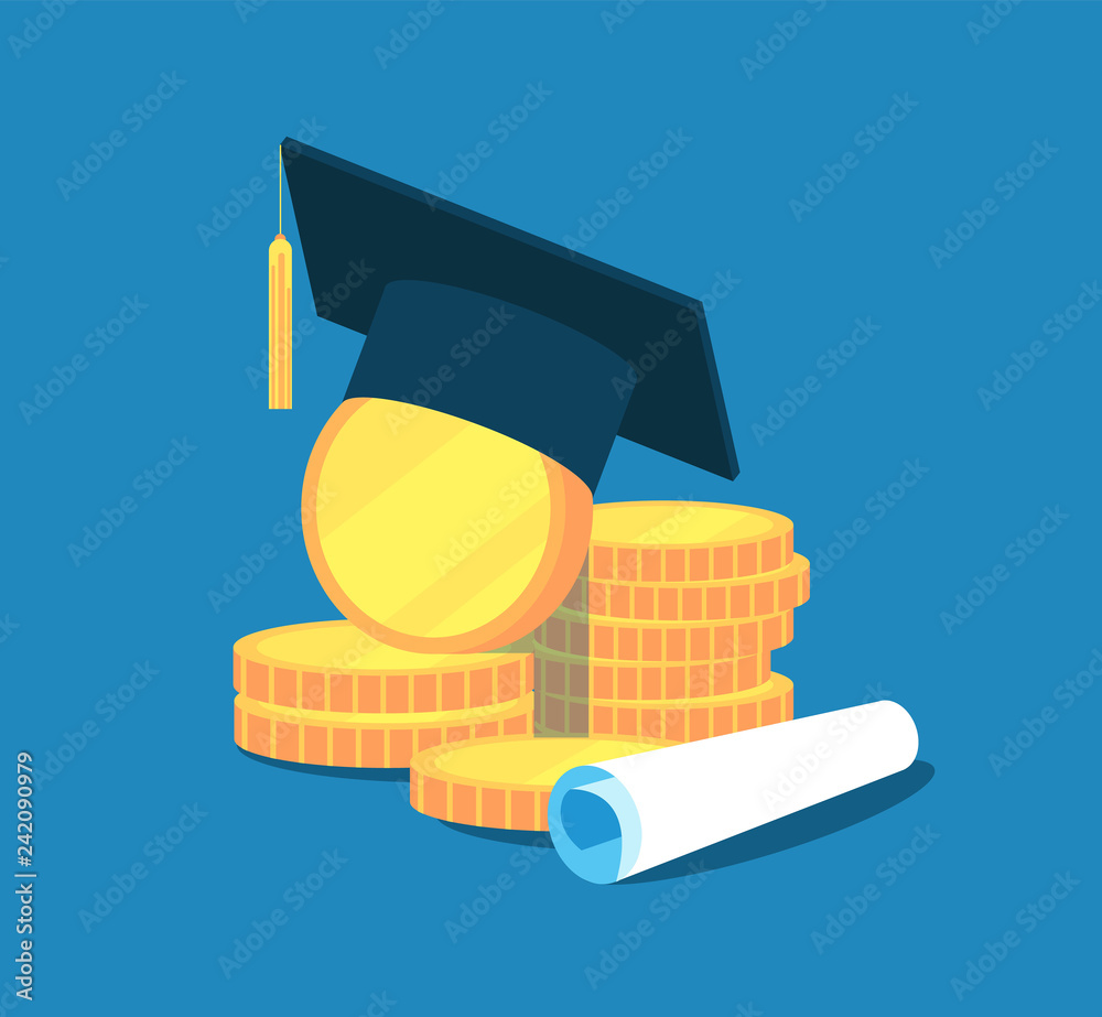 Wall mural education money. college tuition graduation, scholarship education investment. gold coins, academic 