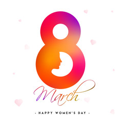 Glossy text 8 with women face on heart decorated white background. Happy Women's Day greeting card design.