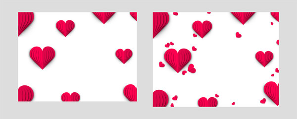 Love background decorated with paper origami hearts in red color.