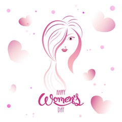 Beautiful woman face with tiny hearts illustration on white background Happy Women's Day celebration greeting card design.