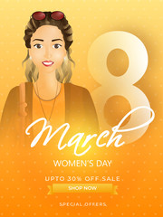 8 march women's day celebration template or flyer design with beautiful woman face and 30% discount offer.