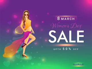 Advertising banner or poster design with illustration of modern girl and 50% discount offer for 8 March, Women's Day Sale.