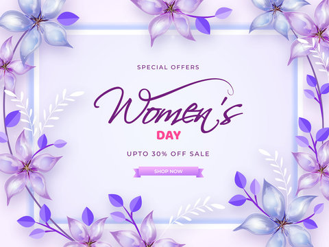 Beautiful poster or template design decorated with flowers and 30% discount offer for women's day celebration.
