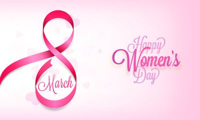 Glossy pink ribbon arranged in shape 8 with stylish lettering of Women's Day on glossy pink background.