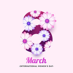 Flower decorated text 8 on pink background for International Women's day celebration.