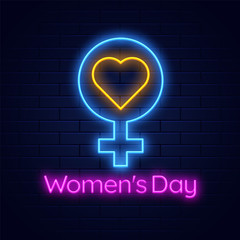 Female sign with lettering of women's day in neon lighting effect.