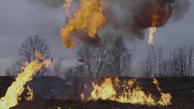 Explosion with flying debris