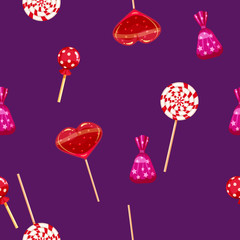 Seamless pattern of colored chocolates in a pack, swirl caramel, chocolate. Cute ornament for packaging, fabric, background, banner, poster, vector, illustration, isolated, cartoon style