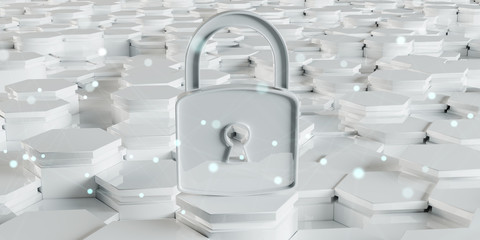 White padlock icon on hexagons background 3D rendering